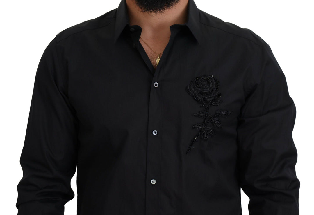 Dolce & Gabbana Black Roses Slim Fit Cotton Shirt