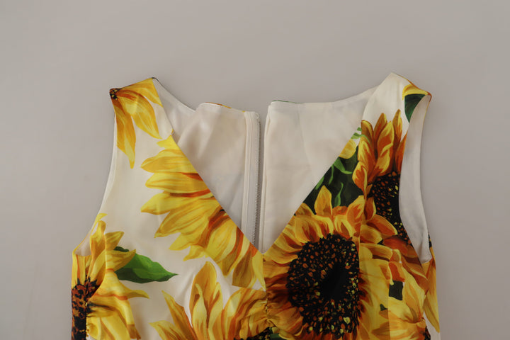 Dolce & Gabbana White Sunflower Print Sheath Midi Silk