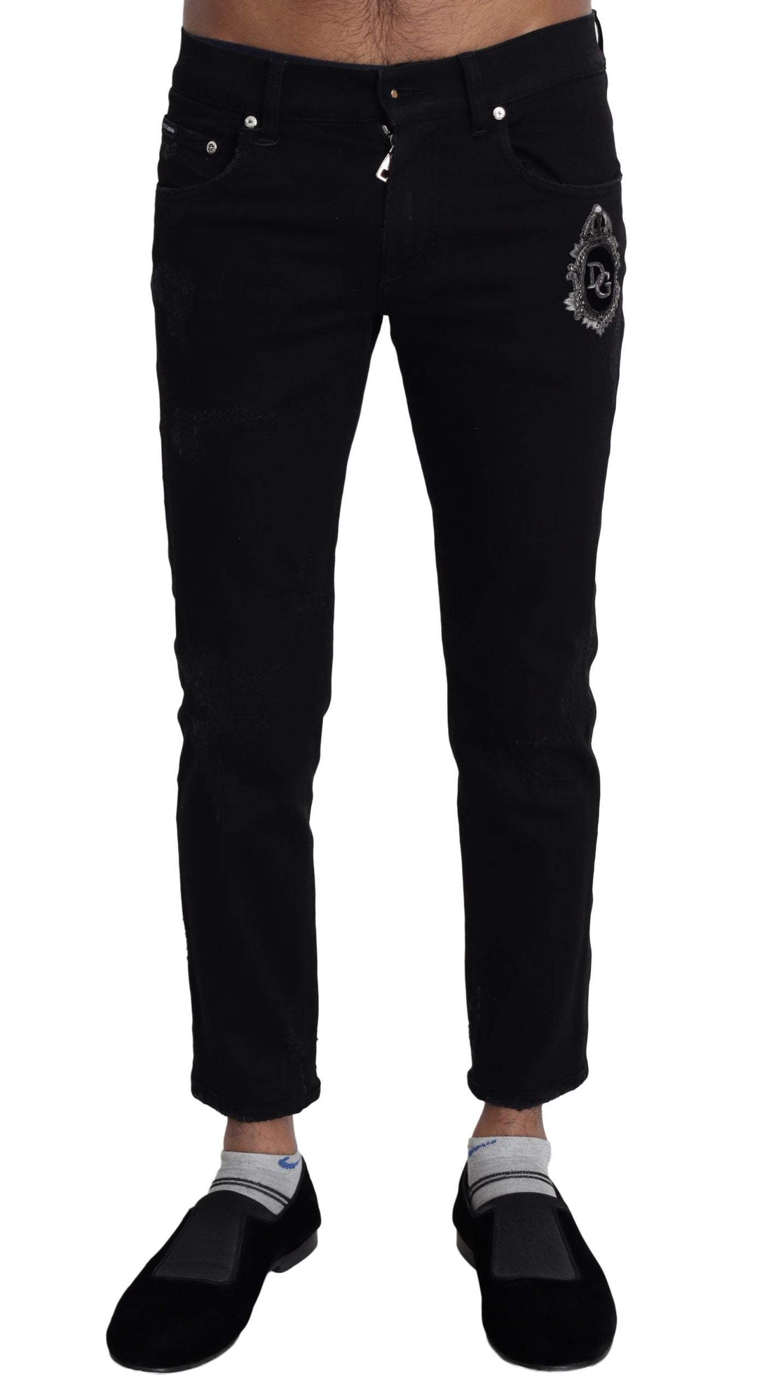 Dolce & Gabbana Black Heraldic Embroidery Skinny Denim Jeans #men, Dolce & Gabbana, feed-1, IT44 | XS, Jeans & Pants - Men - Clothing, Men - New Arrivals at SEYMAYKA