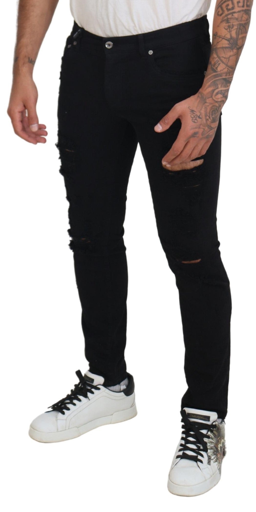 Dolce & Gabbana Black Slim Fit Tattered Denim Cotton Jeans