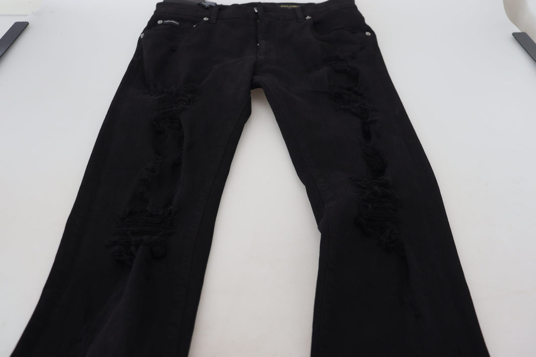 Dolce & Gabbana Black Slim Fit Tattered Denim Cotton Jeans