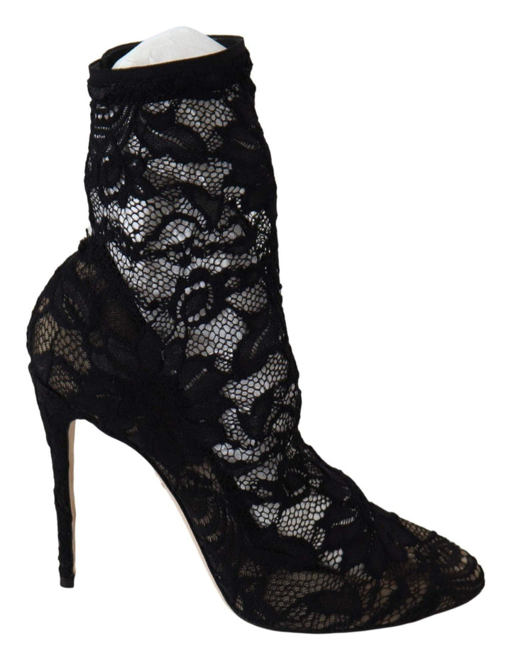 Dolce & Gabbana Black Lace Taormina High Heel Boots Shoes Black, Boots - Women - Shoes, Dolce & Gabbana, EU36.5/US6, feed-agegroup-adult, feed-color-Black, feed-gender-female, Shoes - New Arrivals at SEYMAYKA