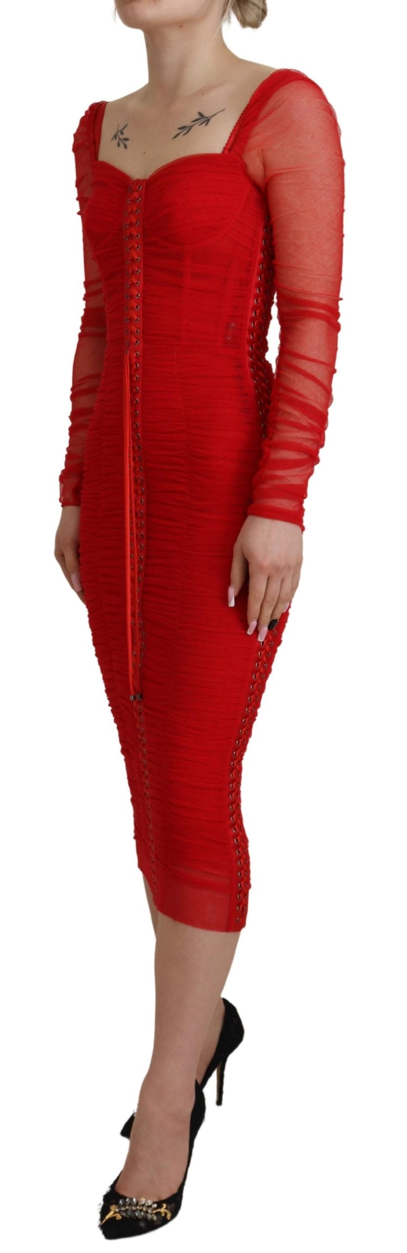 Dolce & Gabbana Red Mesh Trim Bodycon Sheath Midi Dress