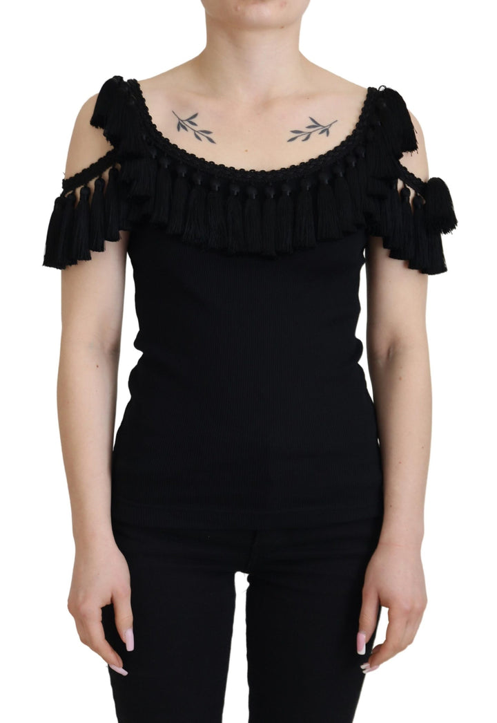 Dolce & Gabbana Black Tank Top Blouse Tassle Cotton Blouse