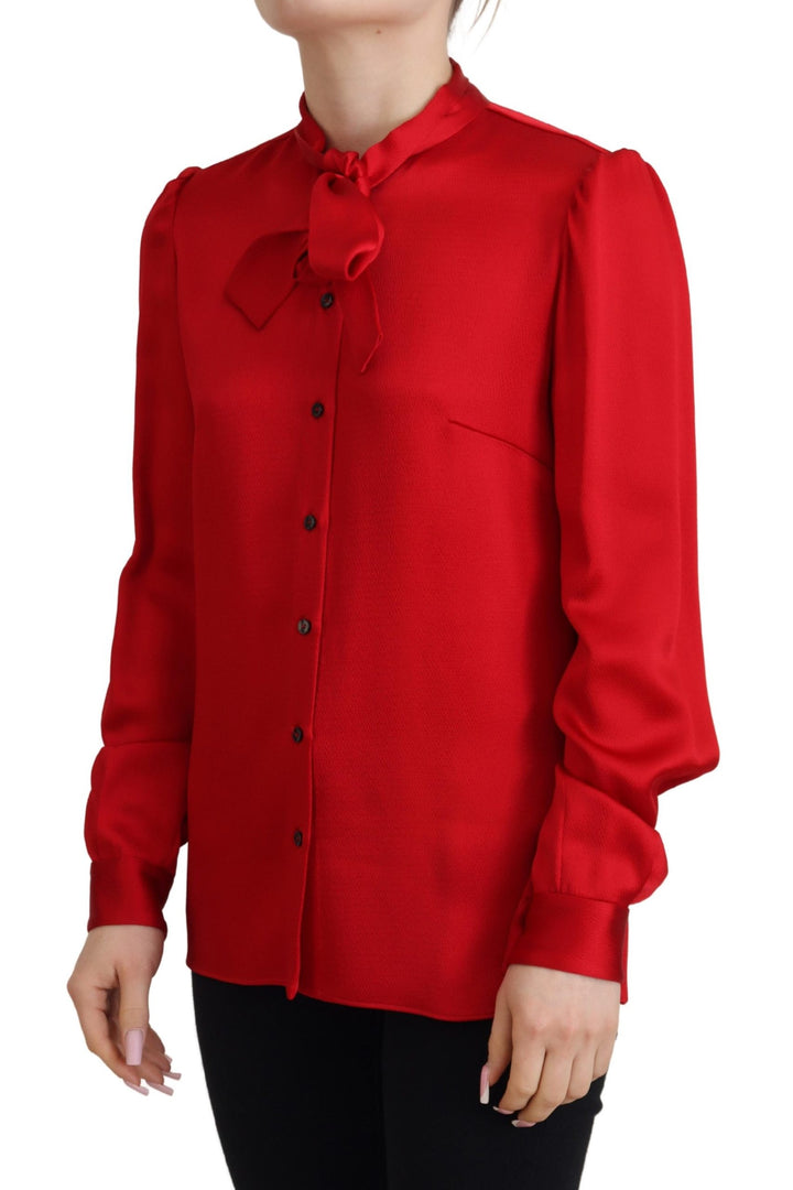 Dolce & Gabbana Red Ascot Collar Long Sleeves Blouse Top