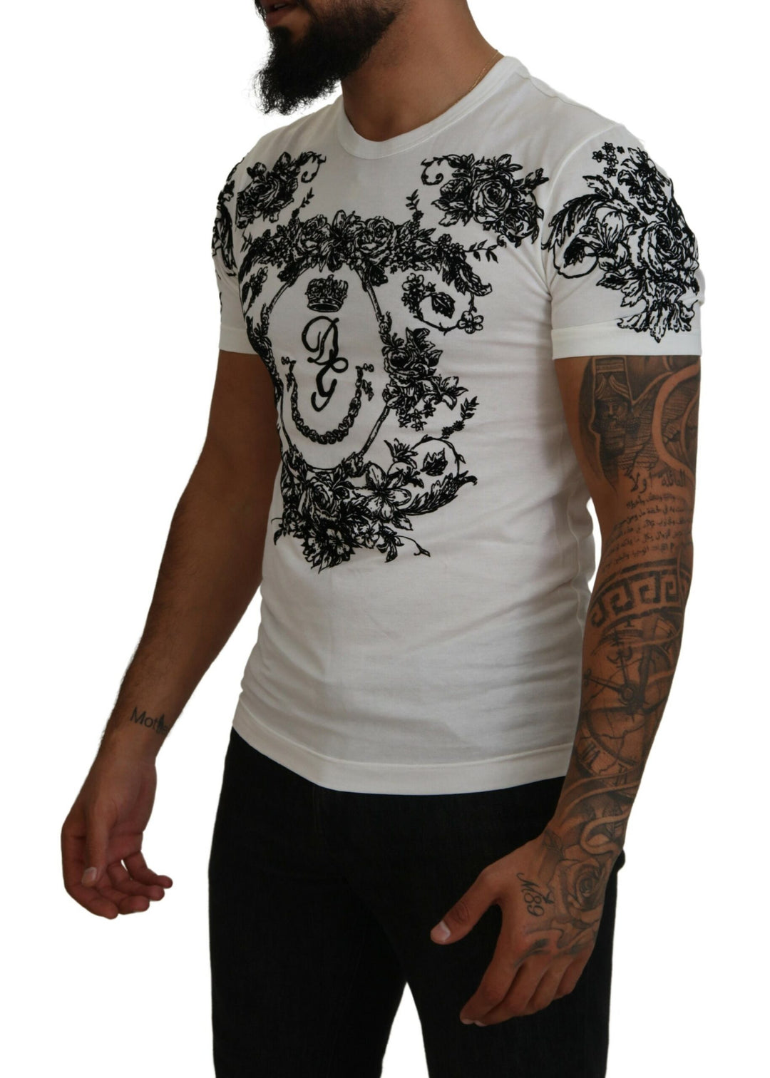 Dolce & Gabbana White DG Crown Floral Crewneck Men T-shirt