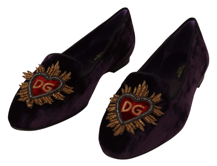 Dolce & Gabbana Purple Velvet DG Heart Loafers Flats Shoes #women, Dolce & Gabbana, EU35.5/US5, EU35/US4.5, EU36.5/US6, EU36/US5.5, EU37.5/US7, EU37/US6.5, feed-agegroup-adult, feed-color-Purple, feed-gender-female, Flat Shoes - Women - Shoes, Purple at SEYMAYKA