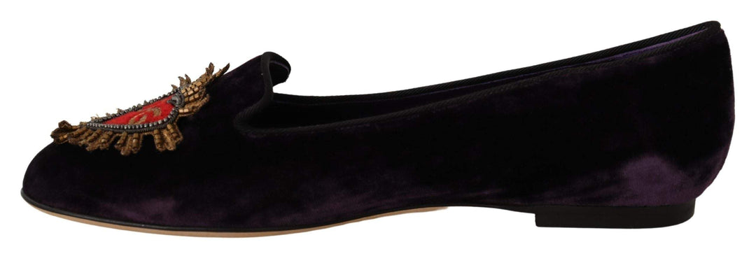 Dolce & Gabbana Purple Velvet DG Heart Loafers Flats Shoes #women, Dolce & Gabbana, EU35.5/US5, EU35/US4.5, EU36.5/US6, EU36/US5.5, EU37.5/US7, EU37/US6.5, feed-agegroup-adult, feed-color-Purple, feed-gender-female, Flat Shoes - Women - Shoes, Purple at SEYMAYKA