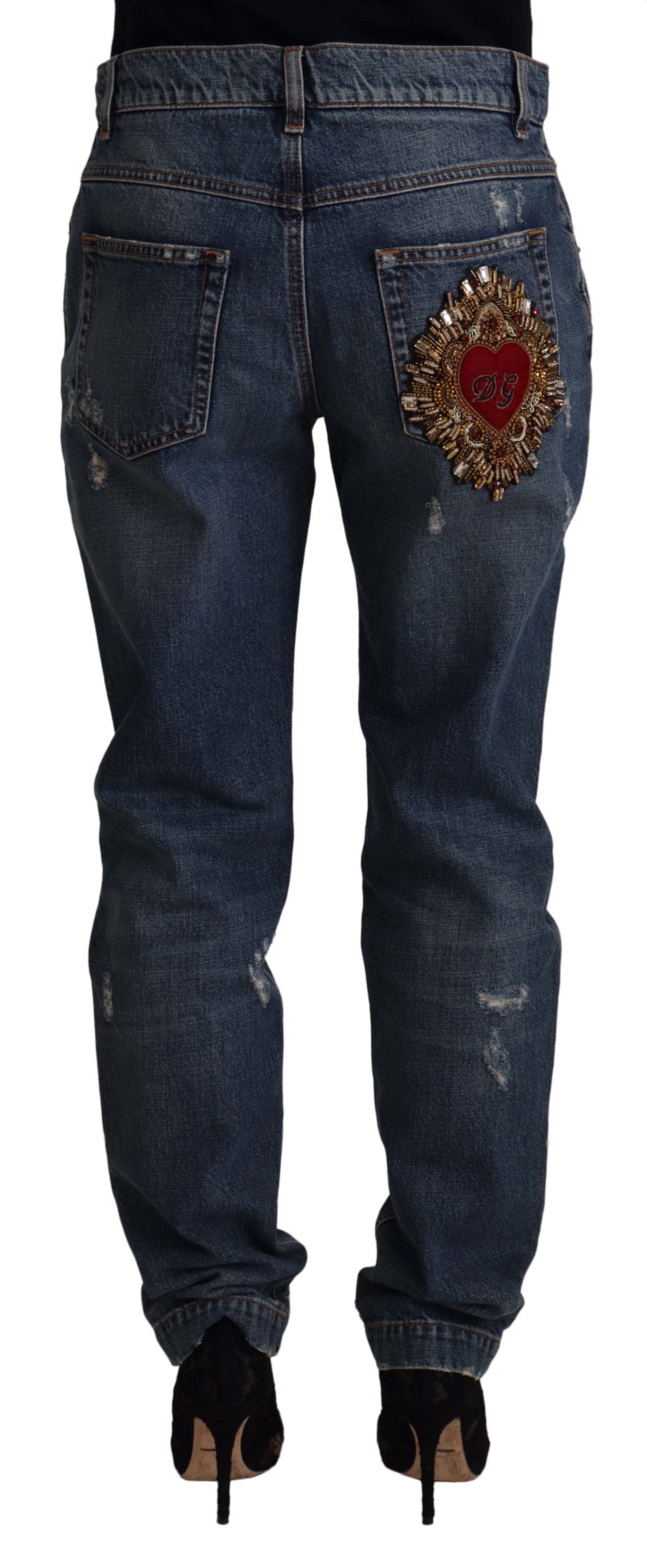 Dolce & Gabbana Blue Denim Baroque Heart Logo Patch Pants Jeans