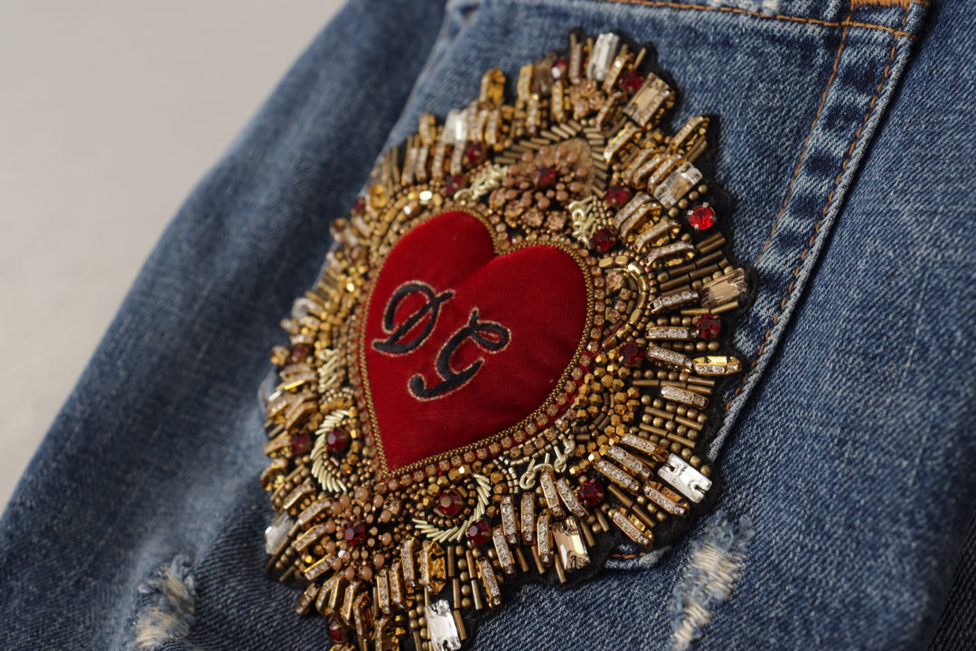 Dolce & Gabbana Blue Denim Baroque Heart Logo Patch Pants Jeans