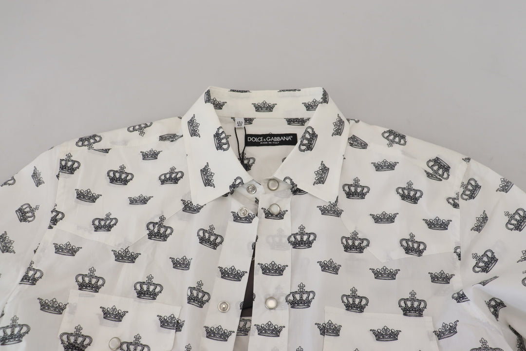 Dolce & Gabbana White Crown Print Slim Fit Cotton Shirt