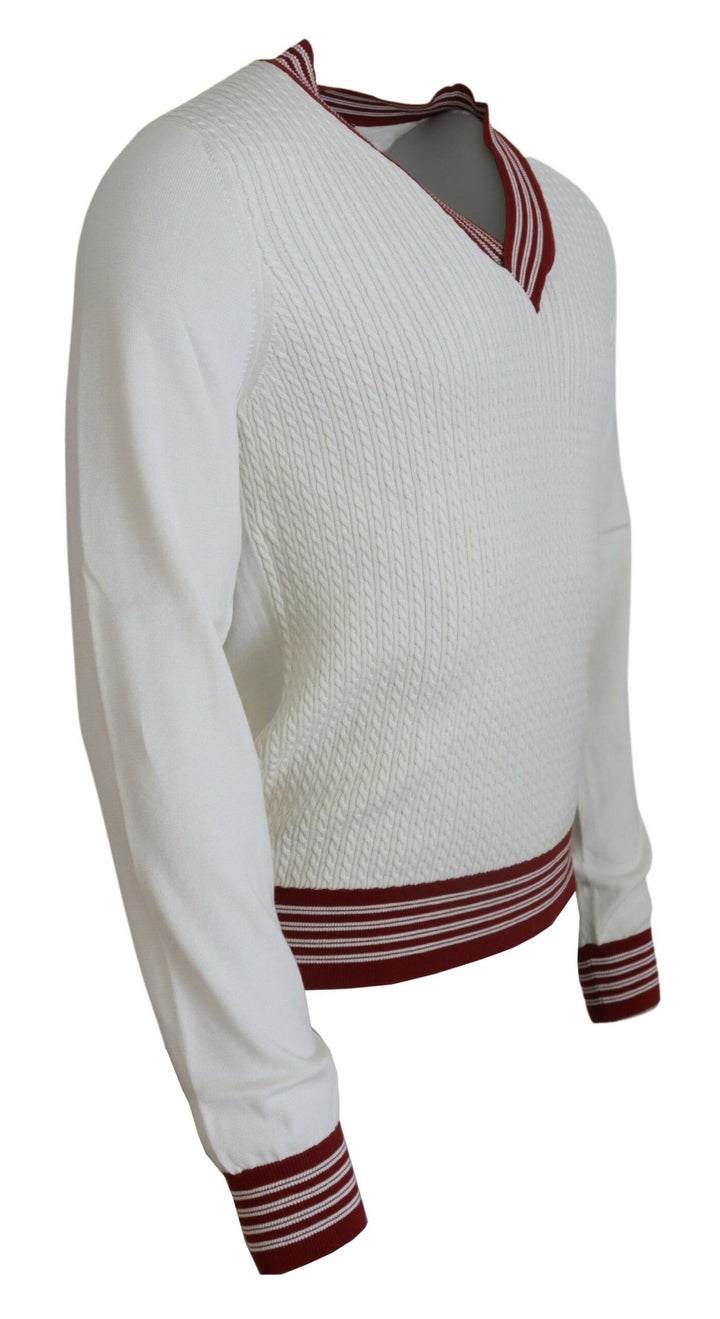 White Red Knitted V-neck Pullover Sweater