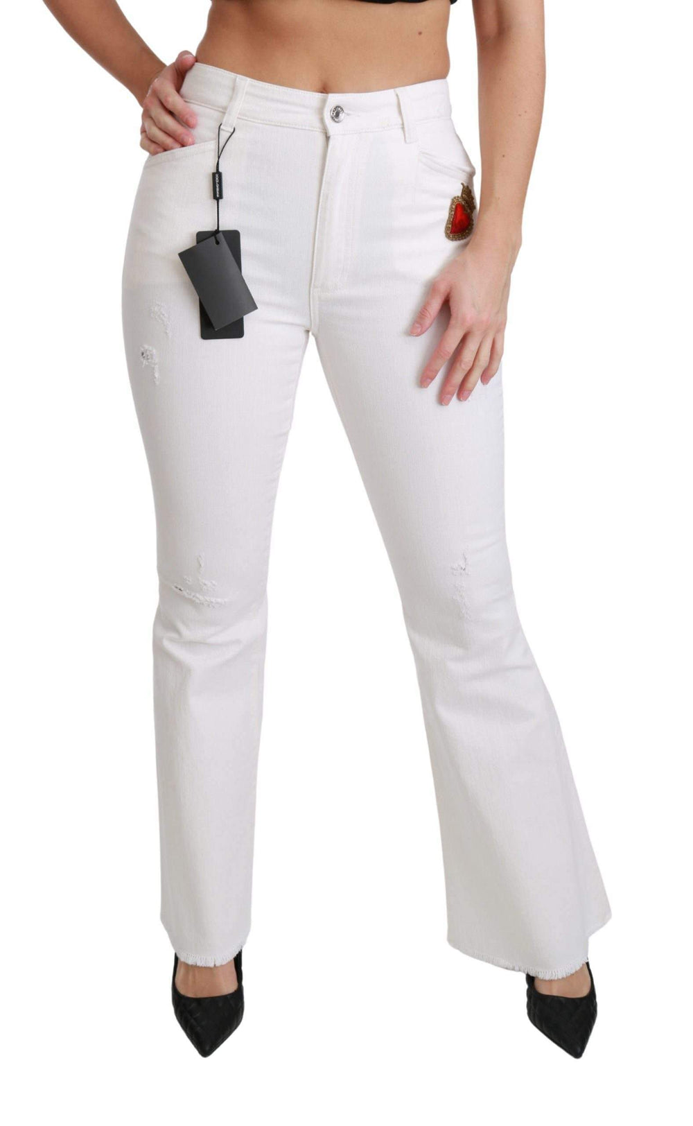 Dolce & Gabbana  White Heart Flared Stretch Cotton Pants #women, Brand_Dolce & Gabbana, Catch, Dolce & Gabbana, feed-agegroup-adult, feed-color-white, feed-gender-female, feed-size-IT36 | XS, feed-size-IT38|XS, feed-size-IT40|S, feed-size-IT42|M, Gender_Women, IT36 | XS, IT38|XS, IT40|S, IT42|M, Jeans & Pants - Women - Clothing, Kogan, White, Women - New Arrivals at SEYMAYKA