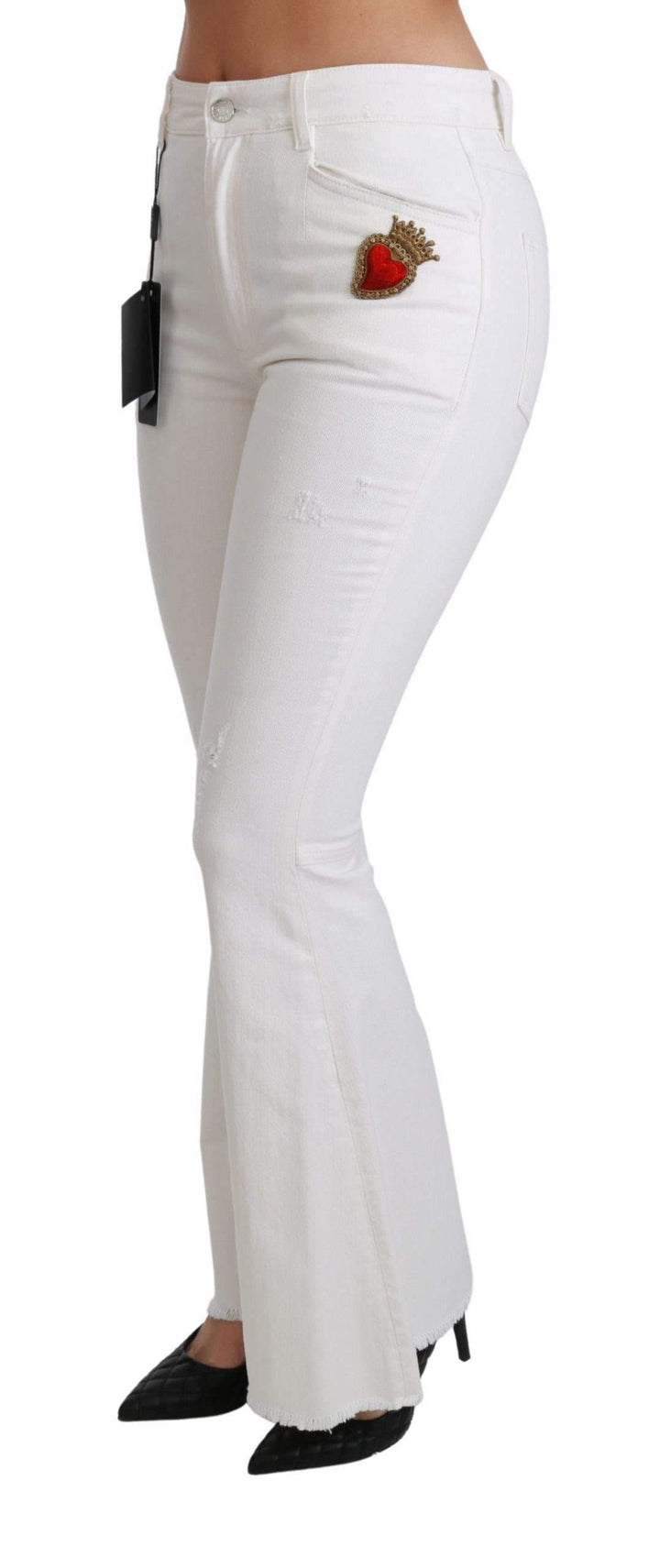 Dolce & Gabbana  White Heart Flared Stretch Cotton Pants #women, Brand_Dolce & Gabbana, Catch, Dolce & Gabbana, feed-agegroup-adult, feed-color-white, feed-gender-female, feed-size-IT36 | XS, feed-size-IT38|XS, feed-size-IT40|S, feed-size-IT42|M, Gender_Women, IT36 | XS, IT38|XS, IT40|S, IT42|M, Jeans & Pants - Women - Clothing, Kogan, White, Women - New Arrivals at SEYMAYKA