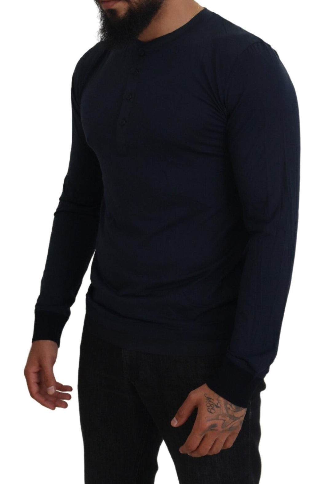 Dolce & Gabbana Blue Cotton Button Crewneck Pullover Sweater