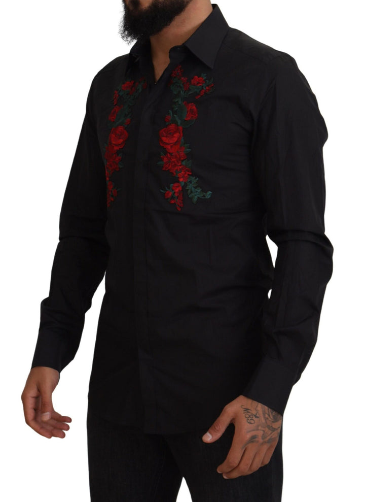 Dolce & Gabbana Black Floral Embroidery Men Long Sleeves GOLD Shirt