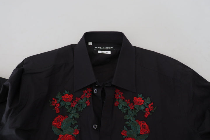 Dolce & Gabbana Black Floral Embroidery Men Long Sleeves GOLD Shirt