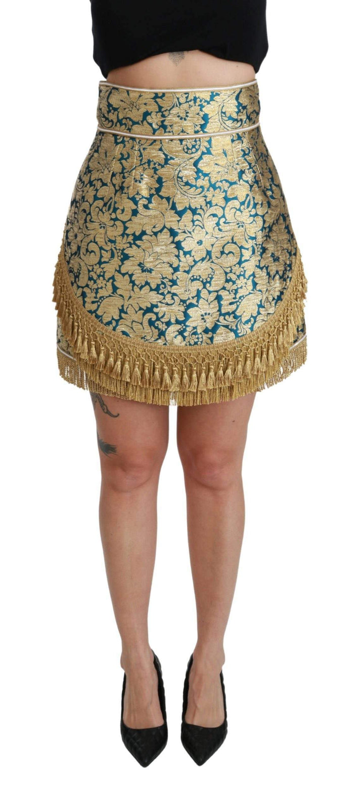 Dolce & Gabbana  Blue High Waist Jacquard Tassel Gold Skirt #women, Brand_Dolce & Gabbana, Catch, Dolce & Gabbana, feed-agegroup-adult, feed-color-gold, feed-gender-female, feed-size-IT38|XS, feed-size-IT42|M, Gender_Women, Gold, IT38|XS, IT42|M, Kogan, Skirts - Women - Clothing, Women - New Arrivals at SEYMAYKA