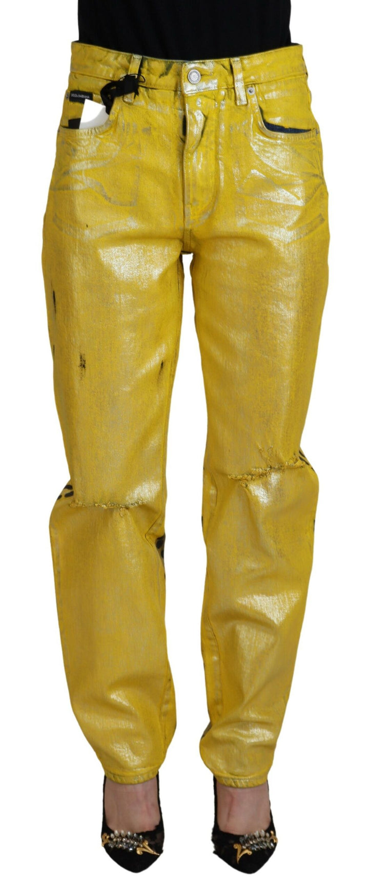 Yellow Leopard Cotton Straight Denim Jeans