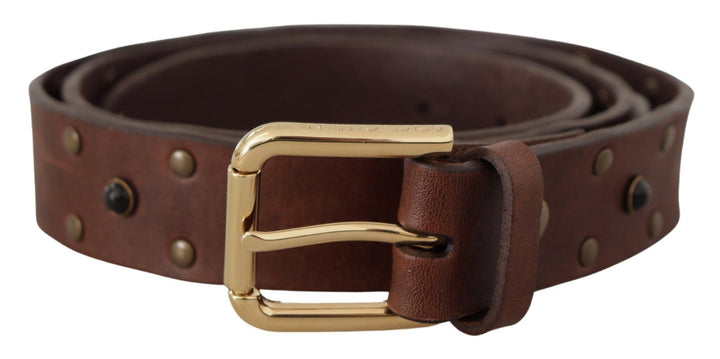 Dolce & Gabbana Brown Leather Studded Gold Tone Metal Buckle Belt