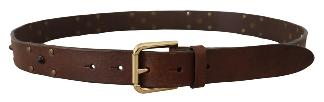 Dolce & Gabbana Brown Leather Studded Gold Tone Metal Buckle Belt