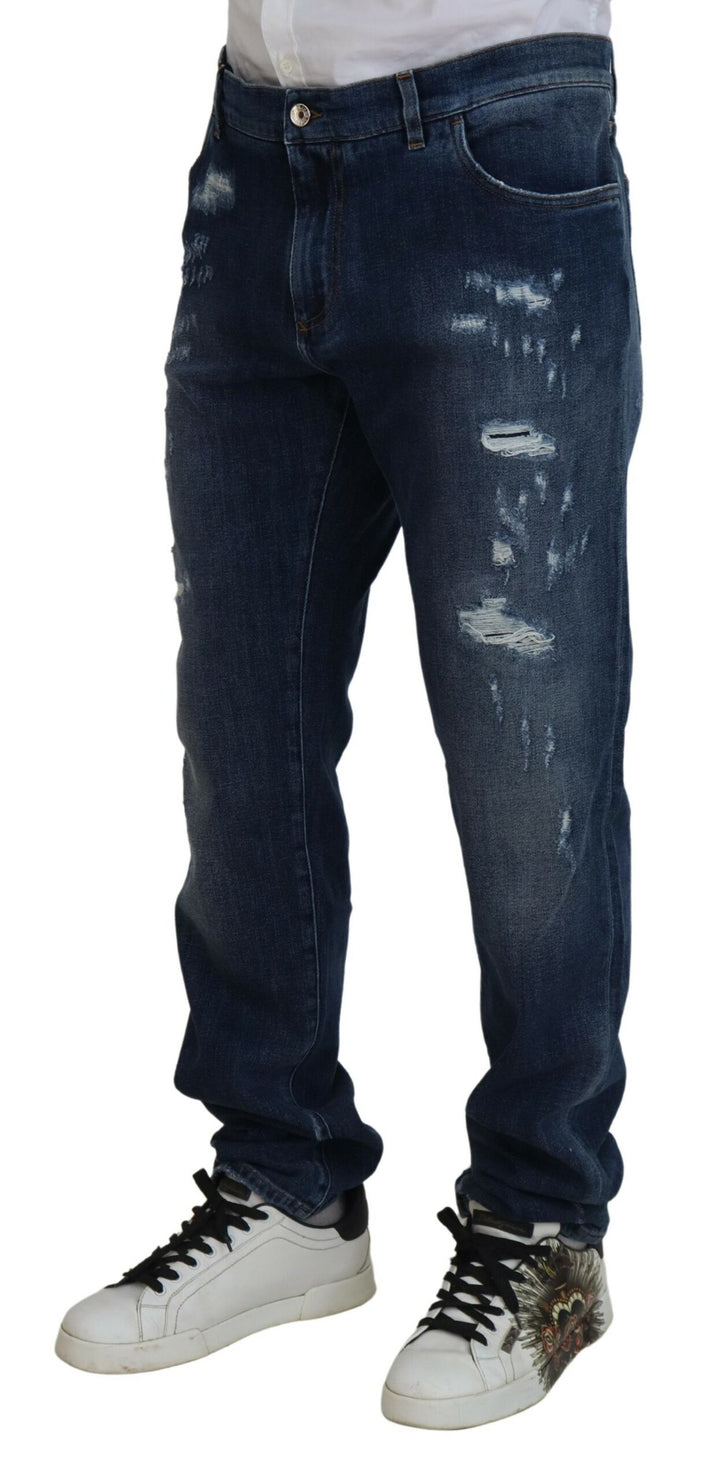 Dolce & Gabbana Blue Tattered Cotton Stretch Slim Denim Jeans