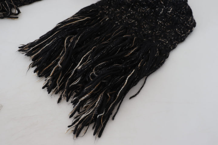 Dolce & Gabbana Black Wool Knitted Wrap Foulard Fringe Scarf