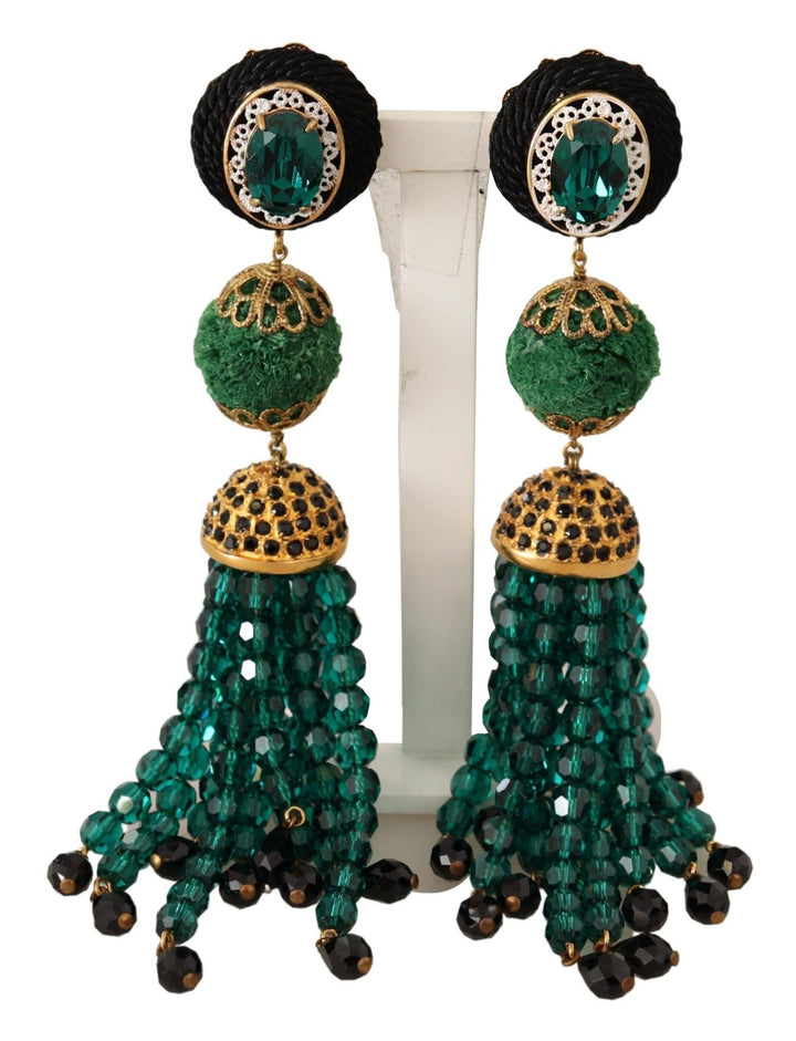 Dolce & Gabbana Green Crystals Gold Tone Drop Clip-on Dangle Earrings