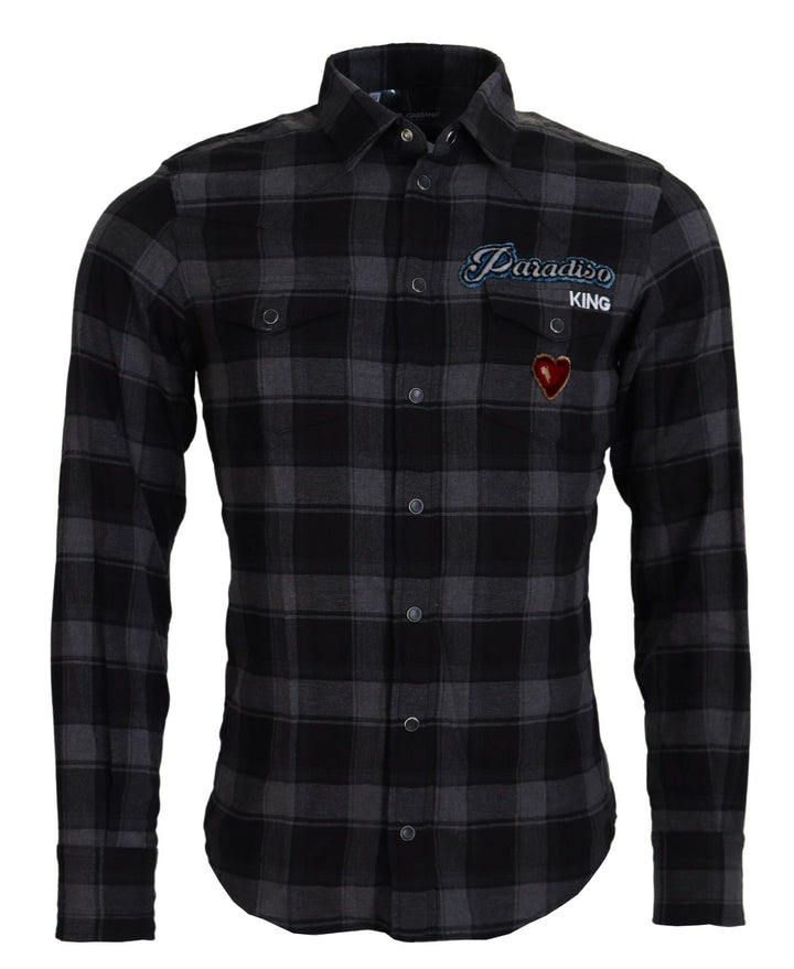 Dolce & Gabbana Black Gray Check Men Long Sleeves Shirt