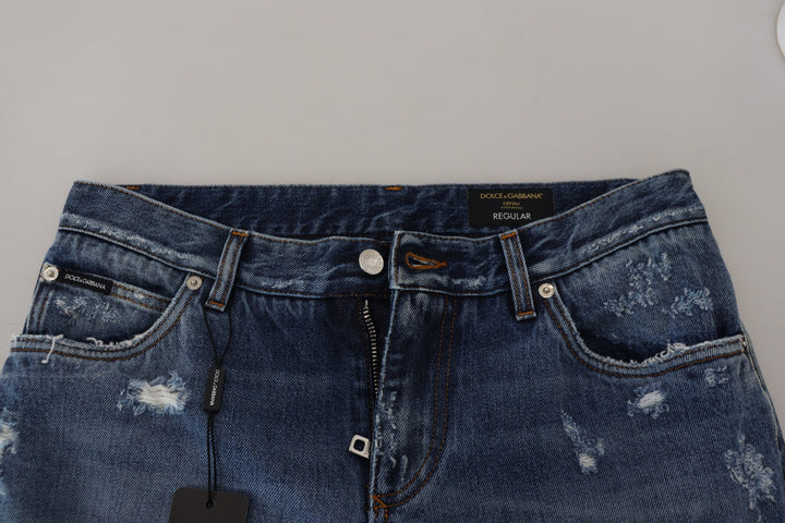 Dolce & Gabbana Blue Cotton Tattered  Denim Jeans