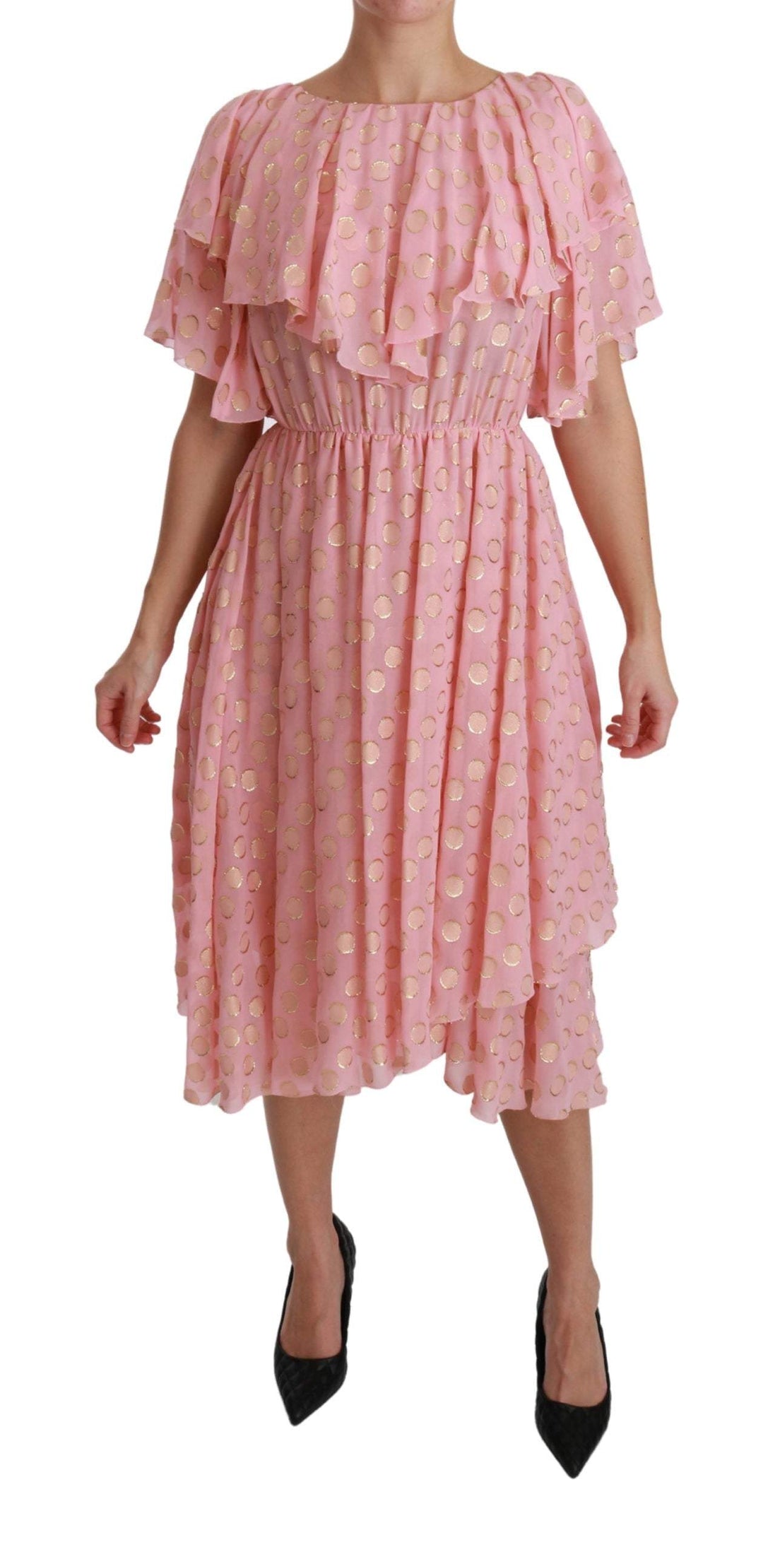 Dolce & Gabbana Silk Pink Polka Dots Pleated A-line Midi Dress Dolce & Gabbana, Dresses - Women - Clothing, feed-agegroup-adult, feed-color-Pink, feed-gender-female, IT40|S, Pink, Women - New Arrivals at SEYMAYKA