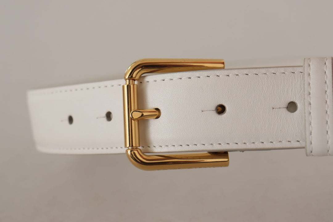 Dolce & Gabbana White Calf Leather Gold Tone Logo Metal Buckle Belt