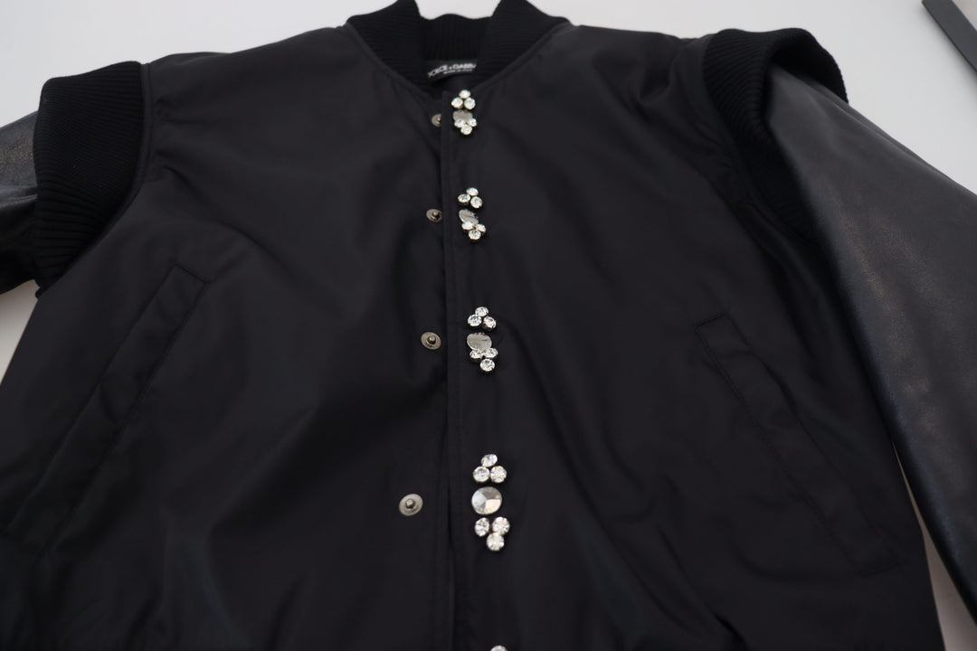 Dolce & Gabbana Black Nylon Crystals Coat Buttons Jacket