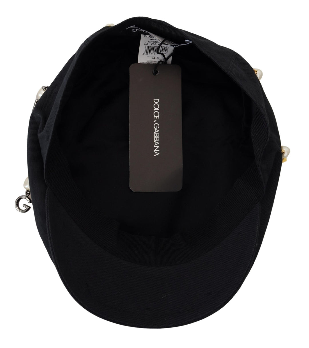 Dolce & Gabbana Black Cotton Embellished Newsboy Men Hat