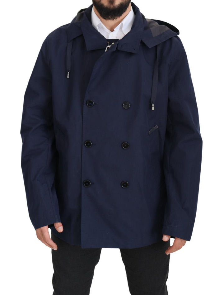 Dolce & Gabbana Blue Hooded Double Breasted Coat Jacket