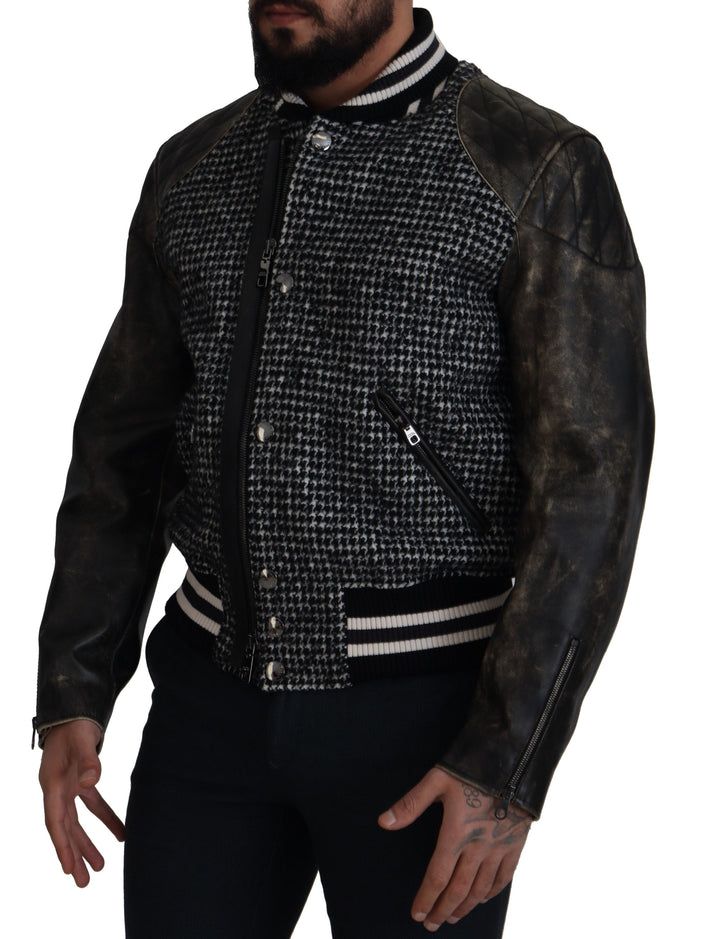 Dolce & Gabbana Black Houndstooth Polyester Bomber Jacket