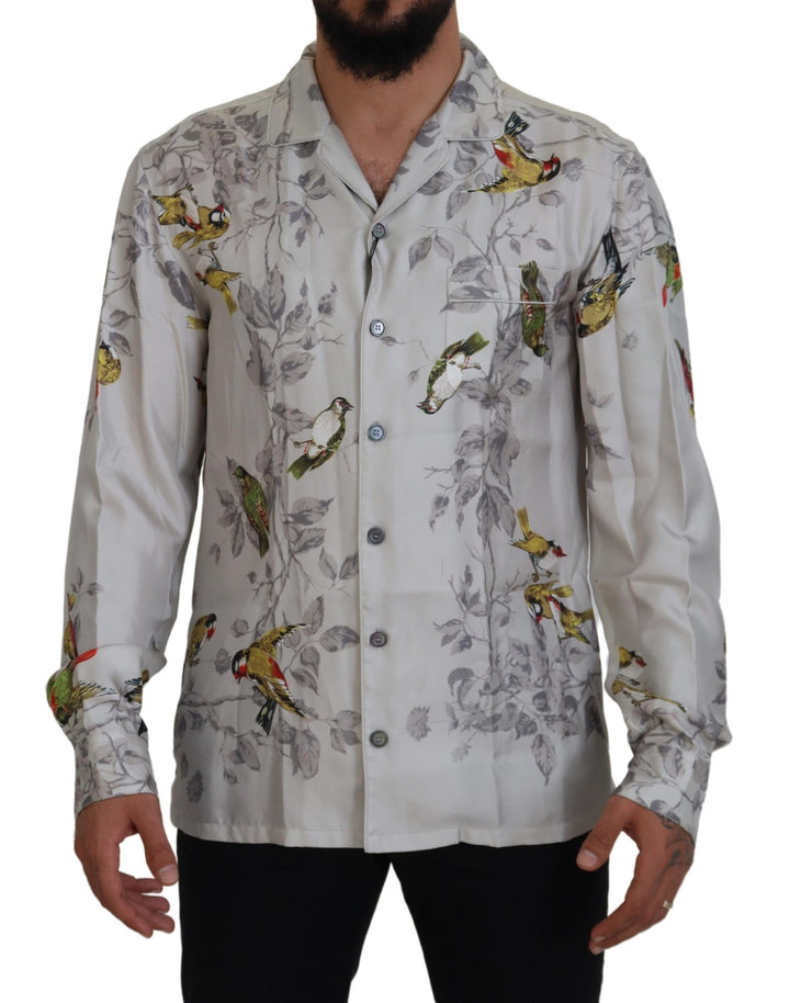 Dolce & Gabbana White Bird Print Silk Satin Casual Shirt