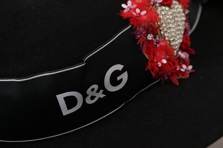 Dolce & Gabbana Black Lapil Crystal Heart Feather Brooch Fedora Hat