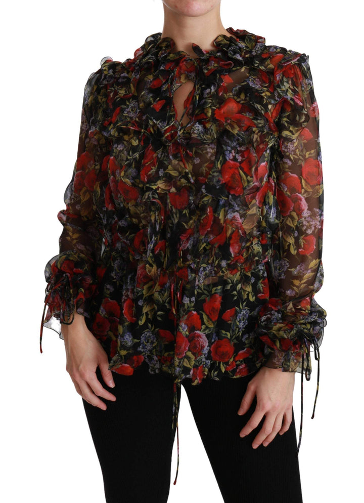 Dolce & Gabbana Black Floral Roses Blouse Silk Top #women, Black, Dolce & Gabbana, feed-agegroup-adult, feed-color-Black, feed-gender-female, IT36 | XS, Tops & T-Shirts - Women - Clothing, Women - New Arrivals at SEYMAYKA