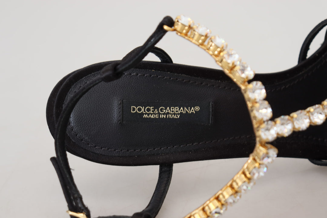 Dolce & Gabbana Black Satin Clear Crystal T-strap Sandal Shoes