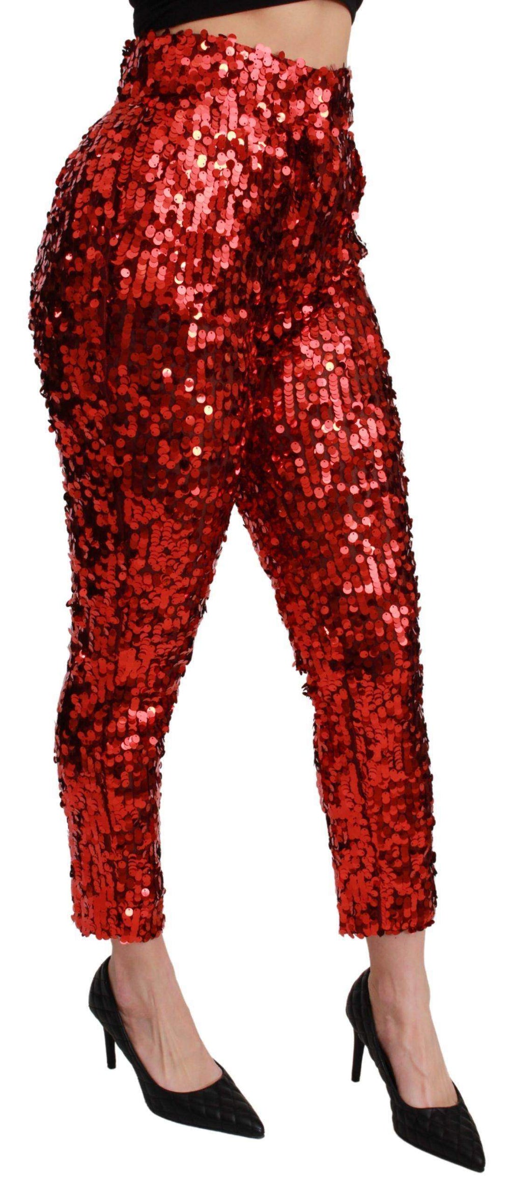 Dolce & Gabbana Red Sequined Cropped Trousers Pants #women, Brand_Dolce & Gabbana, Catch, Dolce & Gabbana, feed-agegroup-adult, feed-color-red, feed-gender-female, feed-size-IT40|S, feed-size-IT42|M, feed-size-IT44|L, Gender_Women, IT40|S, IT42|M, IT44|L, Jeans & Pants - Women - Clothing, Kogan, Red, Women - New Arrivals at SEYMAYKA