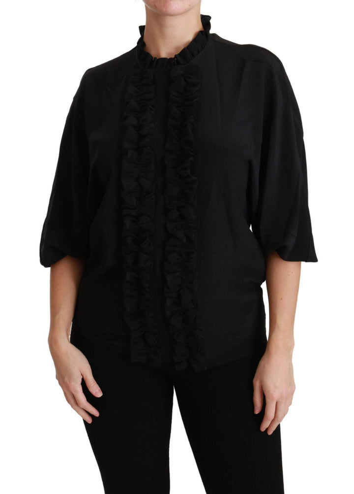 Dolce & Gabbana  Black Silk Shirt Ruffled Top Blouse #women, Black, Brand_Dolce & Gabbana, Catch, Dolce & Gabbana, feed-agegroup-adult, feed-color-black, feed-gender-female, feed-size-IT36 | XS, Gender_Women, IT36 | XS, Kogan, Tops & T-Shirts - Women - Clothing, Women - New Arrivals at SEYMAYKA