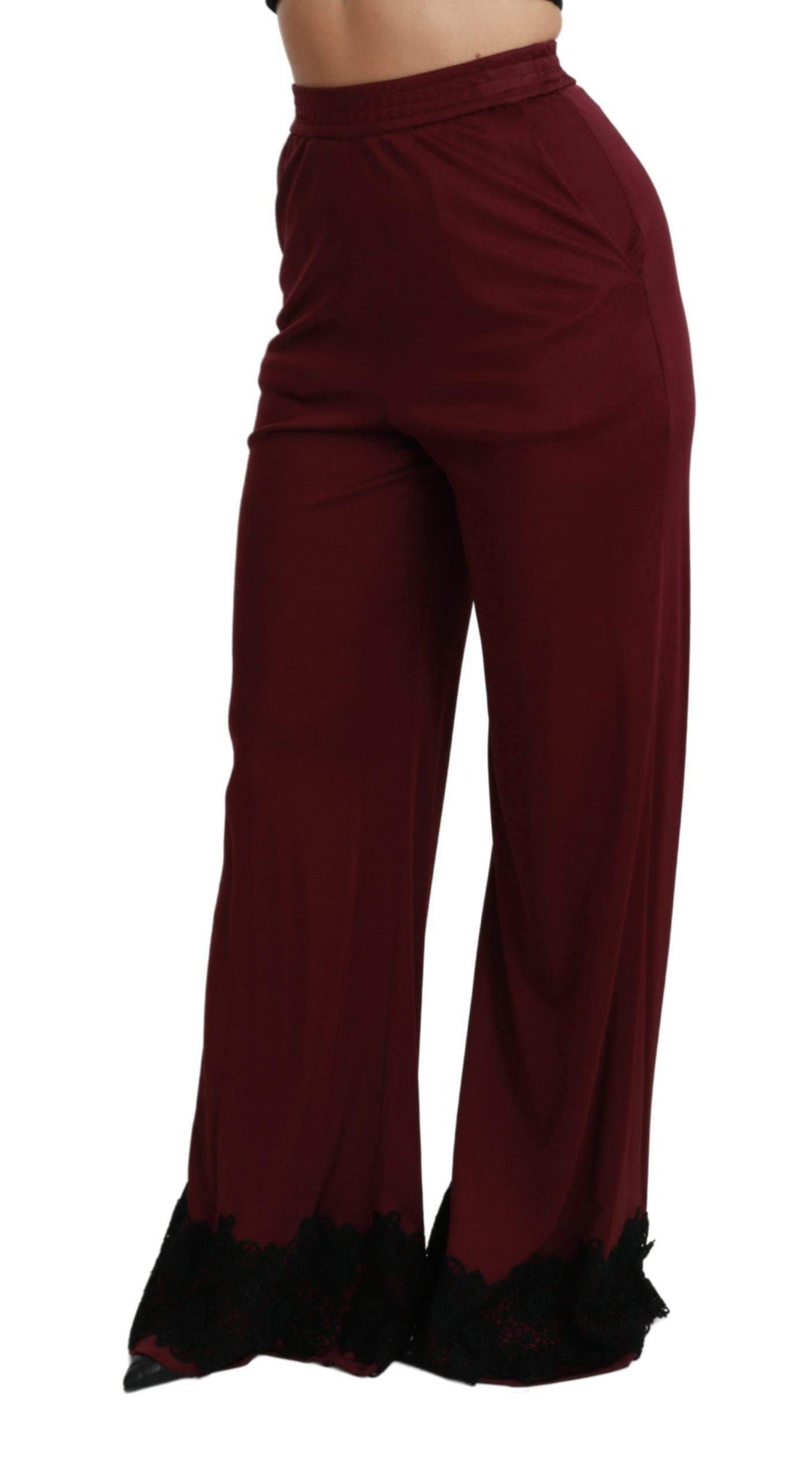 Dolce & Gabbana  Black Lace High Waist Wide Leg Maroon  Pants #women, Bordeaux, Brand_Dolce & Gabbana, Catch, Dolce & Gabbana, feed-agegroup-adult, feed-color-bordeaux, feed-gender-female, feed-size-IT40|S, Gender_Women, IT40|S, Jeans & Pants - Women - Clothing, Kogan, Women - New Arrivals at SEYMAYKA