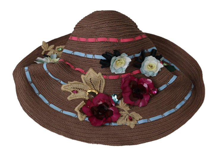 Dolce & Gabbana Brown Floral Wide Brim Straw Floppy Cap Hat #women, Accessories - New Arrivals, Brand_Dolce & Gabbana, Brown, Dolce & Gabbana, feed-agegroup-adult, feed-color-brown, feed-gender-female, feed-size-58 cm|M, Gender_Women, Hats - Women - Accessories at SEYMAYKA