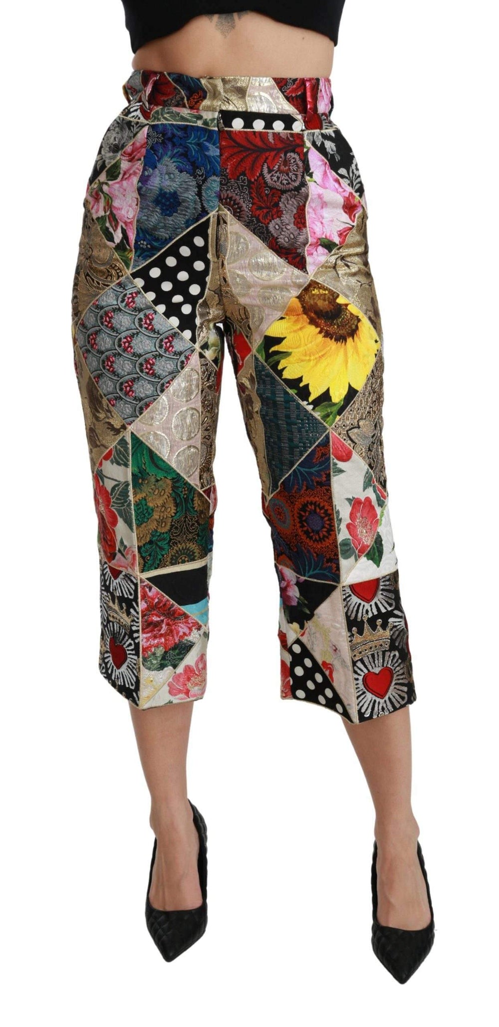 Dolce & Gabbana  Silk Multicolor Print High Waist Cropped Pants #women, Brand_Dolce & Gabbana, Catch, Dolce & Gabbana, feed-agegroup-adult, feed-color-multicolor, feed-gender-female, feed-size-IT40|S, Gender_Women, IT40|S, Jeans & Pants - Women - Clothing, Kogan, Multicolor, Women - New Arrivals at SEYMAYKA