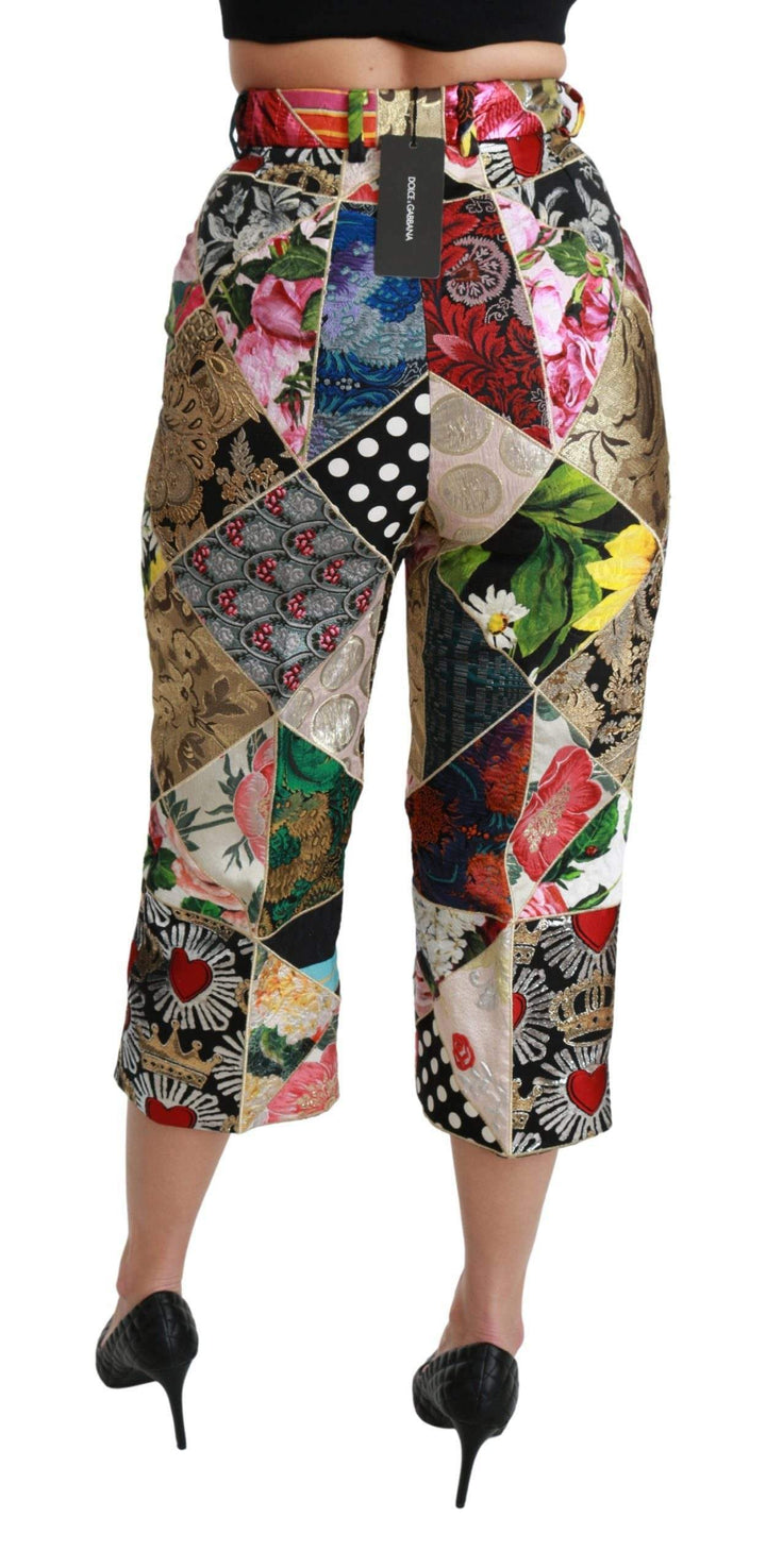 Dolce & Gabbana  Silk Multicolor Print High Waist Cropped Pants #women, Brand_Dolce & Gabbana, Catch, Dolce & Gabbana, feed-agegroup-adult, feed-color-multicolor, feed-gender-female, feed-size-IT40|S, Gender_Women, IT40|S, Jeans & Pants - Women - Clothing, Kogan, Multicolor, Women - New Arrivals at SEYMAYKA