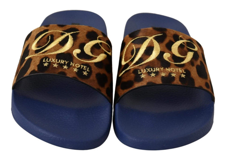 Dolce & Gabbana Blue Brown Leopard Logo Rubber Slides Slippers Shoes Blue, Dolce & Gabbana, EU44/US11, feed-agegroup-adult, feed-color-Blue, feed-gender-female, Sandals - Women - Shoes at SEYMAYKA