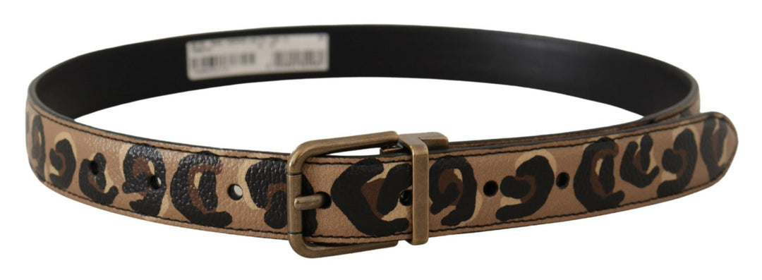 Dolce & Gabbana Brown Leather Leopard Print Bronze Metal Buckle Belt