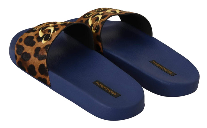 Dolce & Gabbana Blue Brown Leopard Logo Rubber Slides Slippers Shoes Blue, Dolce & Gabbana, EU44/US11, feed-agegroup-adult, feed-color-Blue, feed-gender-female, Sandals - Women - Shoes at SEYMAYKA