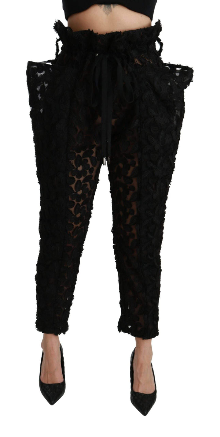 Dolce & Gabbana  Black Floral Lace Tapered High Waist Pants #women, Black, Brand_Dolce & Gabbana, Catch, Dolce & Gabbana, feed-agegroup-adult, feed-color-black, feed-gender-female, feed-size-IT40|S, Gender_Women, IT40|S, Jeans & Pants - Women - Clothing, Kogan, Women - New Arrivals at SEYMAYKA